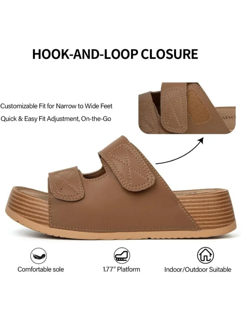 Women's Brown Genuine Leather Slip on Beach Slide Buckle Platform Sandal Shoes